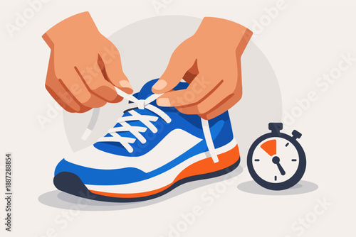 Hands tying shoe laces next to stopwatch illustrating fitness and time management