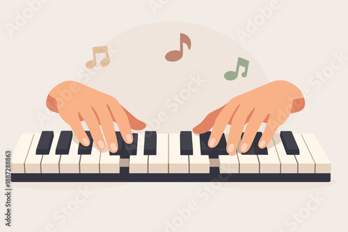 Hands playing piano keyboard with musical notes