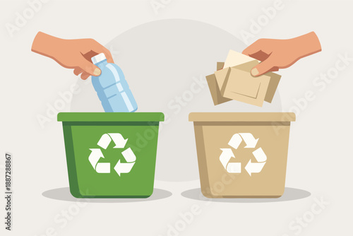 Hands sorting recyclables into green and brown bins with recycling symbols
