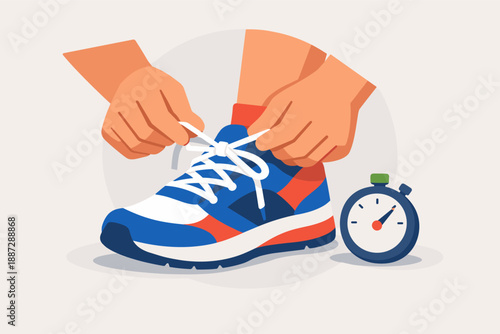 Person tying colorful sneaker with stopwatch nearby