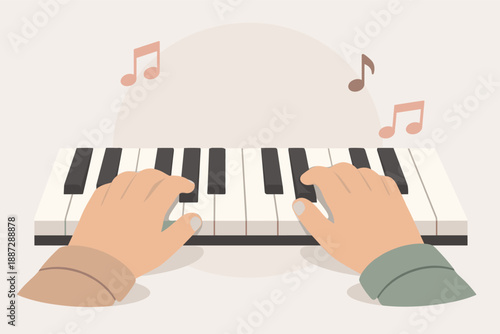 Hands playing keyboard piano with musical notes
