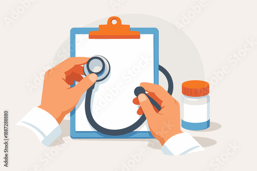 Hands using stethoscope on clipboard with medicine bottle in medical illustration