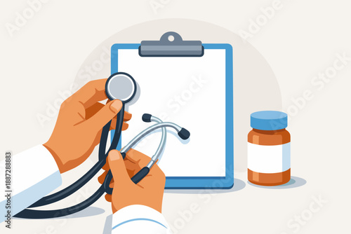 Healthcare professional holding stethoscope with clipboard and medication bottle