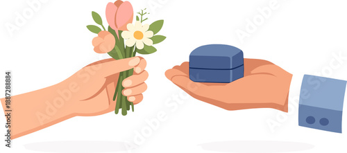 Couple exchanging flowers and ring box in romantic gesture