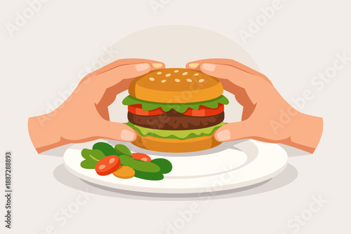 Hands holding delicious burger with vegetables on plate