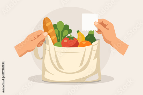Eco-friendly grocery shopping: hand holding receipt and tote bag with fresh produce