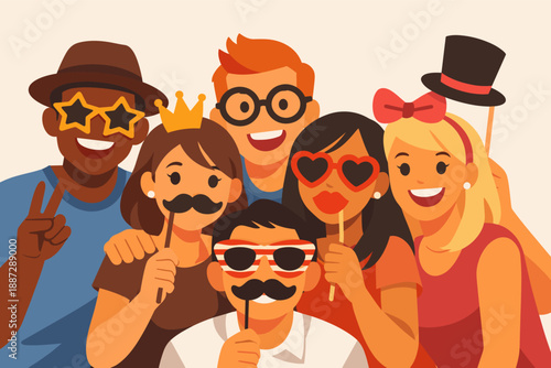 Diverse group of young adults having fun with party props and costumes