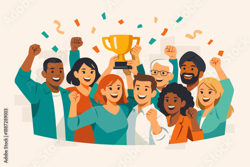 Diverse group of people celebrating with trophy and confetti