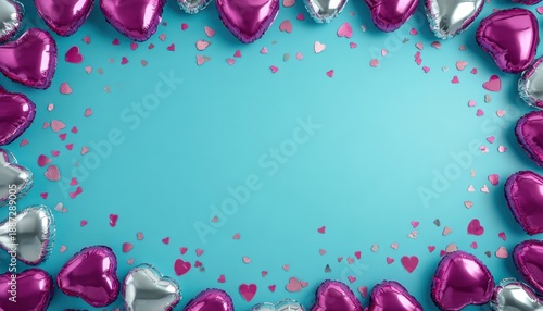 Foil heart shaped balloons and confetti frame a bright blue background surface