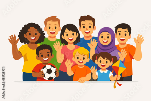 Diverse group of happy children and adults waving with soccer ball and kite