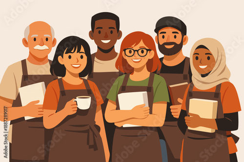 Diverse group of happy cafe workers in uniform holding notebooks and coffee