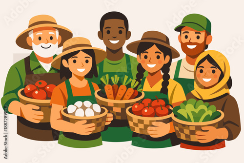 Diverse group of farmers holding baskets of fresh produce