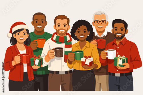 Diverse group celebrating holiday with gifts and hot drinks