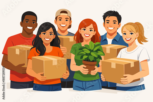 Diverse group of young adults holding boxes and a plant while smiling