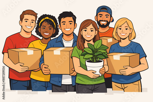 Diverse group of young adults holding boxes and plant moving together