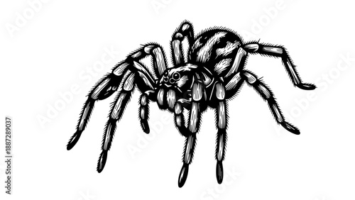 High-contrast black-and-white illustration of a detailed spider with elongated legs and segmented joints