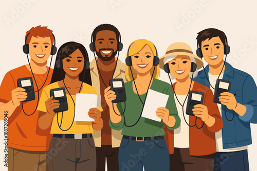 Diverse group of young adults smiling with audio guides and notepads