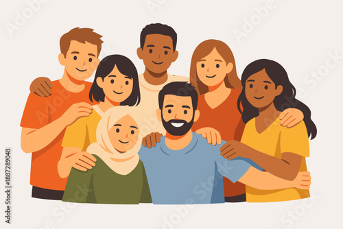 Diverse group of young adults smiling and embracing in unity