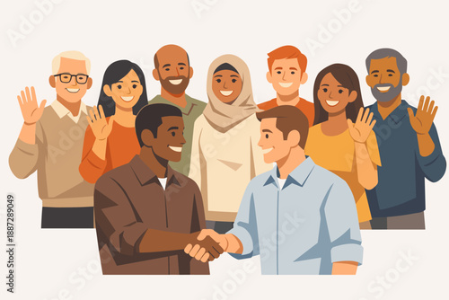 Diverse group of adults shaking hands and smiling in friendly gathering