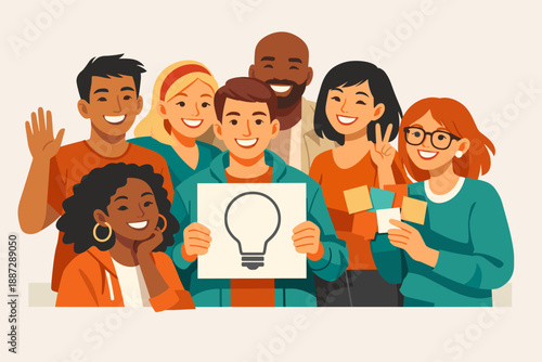 Diverse group of young adults celebrating teamwork and creativity