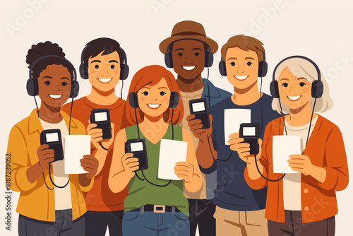 Diverse group of young adults wearing headphones recording audio together