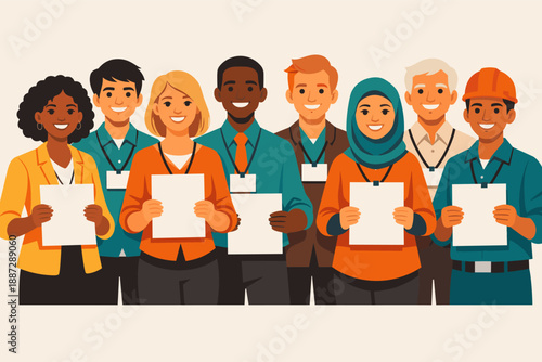 Diverse group of smiling professionals holding blank papers