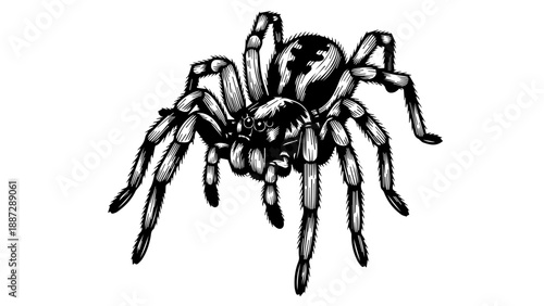 High-contrast black-and-white illustration of a detailed spider with eight elongated legs