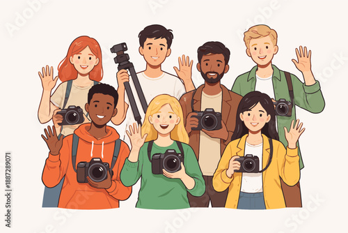 Diverse group of young photographers smiling with cameras and tripods