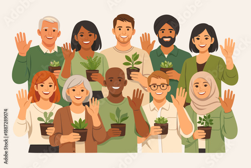 Diverse group of happy people holding plants and waving together