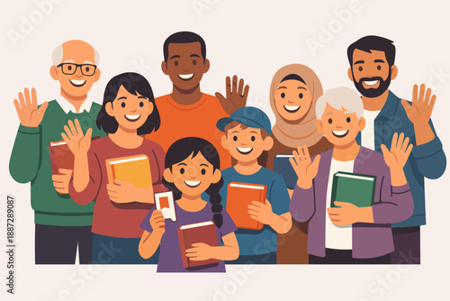 Diverse group of adults and children of various races smiling and holding books