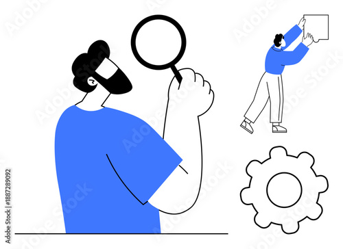 Analysis concept. Examination with magnifying glass, gear solutions, and person hanging a banner. Analysis as a key for strategies, workplaces, and innovation. For business, education research