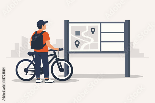 Young male cyclist examining city map for urban exploration