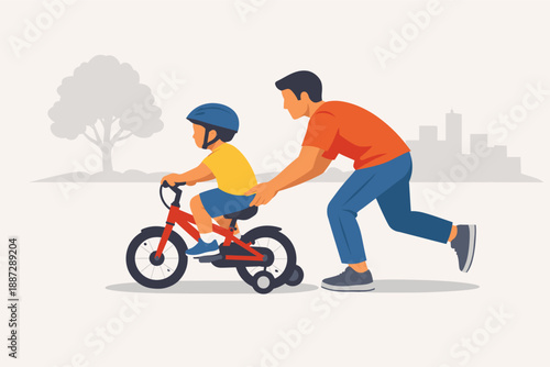 Caucasian male teaching young child to ride a bicycle in park