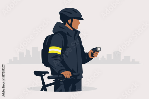 Male cyclist with flashlight and bicycle in urban setting at dusk