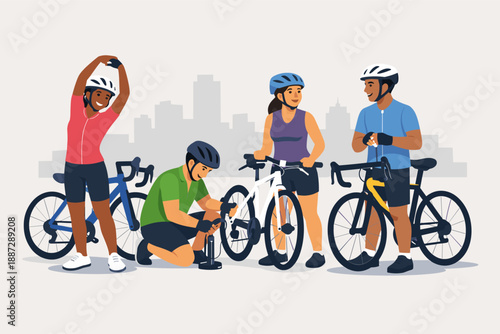 Diverse group of cyclists preparing bikes for urban ride against city skyline