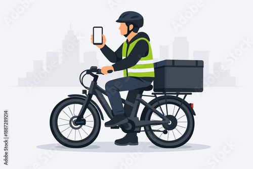 Male delivery cyclist with smartphone and protective gear in urban setting