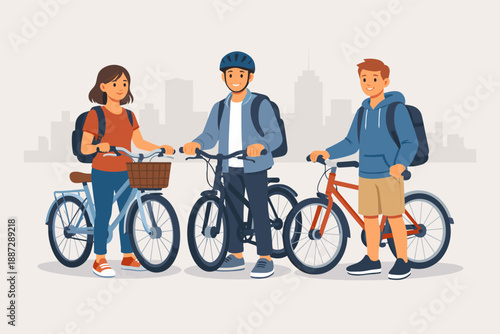 Diverse young cyclists with bikes in urban setting