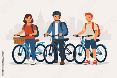 Happy group of young adults with bicycles in urban setting