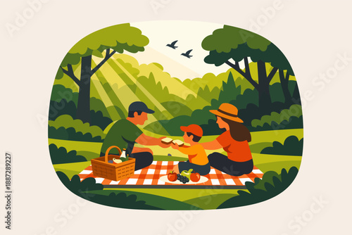 Family picnic in summer: parents and child enjoying nature outdoors