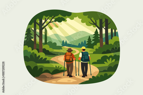 Two mature hikers enjoy serene forest path with trekking poles