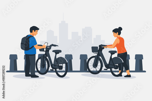 Young asian adults renting bicycles at urban docking station