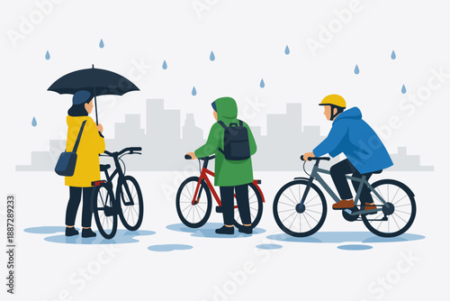 Cyclists in rainy urban landscape with umbrella and bicycles
