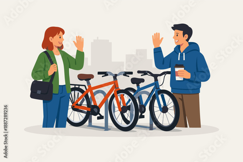 Young asian adults biking in urban setting