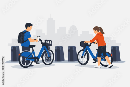 Male and female adults biking in urban city with shared bikes