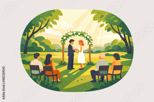 Young caucasian couple's outdoor wedding ceremony in scenic garden with guests