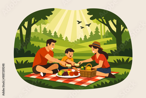 Family picnic in sunlit forest with smiling young boy enjoying sandwiches