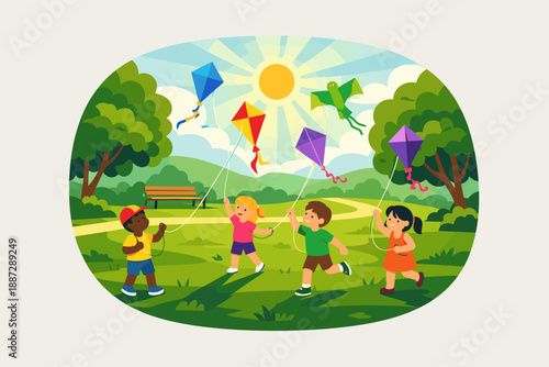 Diverse group of children flying kites in a park on a sunny day
