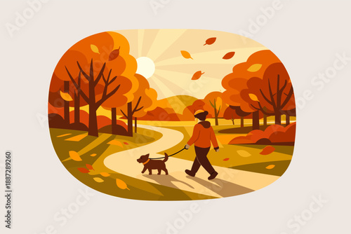 Autumn stroll in park with dog amid falling leaves and vibrant foliage