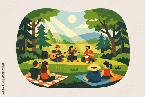 Group enjoying outdoor music performance in forest with picnic