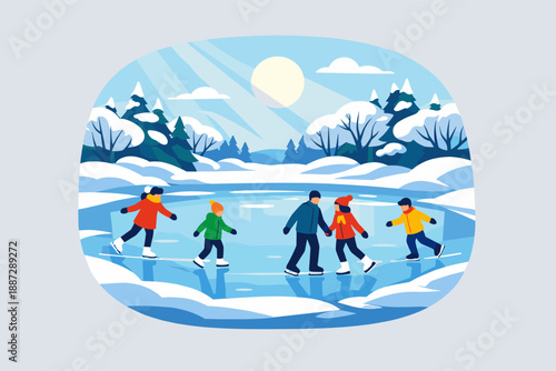 Children ice skating on frozen lake surrounded by snowy landscape